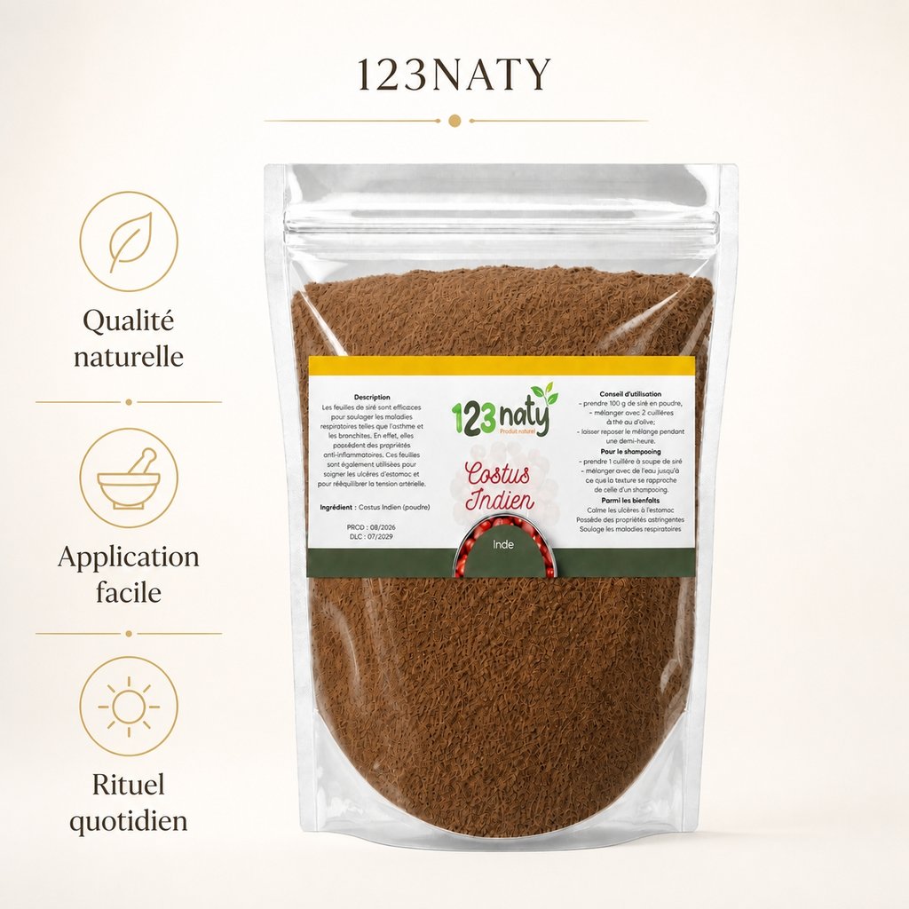 pack 100g Costus Indien en poudre & 100g Costus Indien Brut | 123NATY — Infographie bénéfices clés