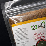 pack 100g Costus Indien en poudre & 100g Costus Indien Brut | 123NATY — Détail macro du flacon