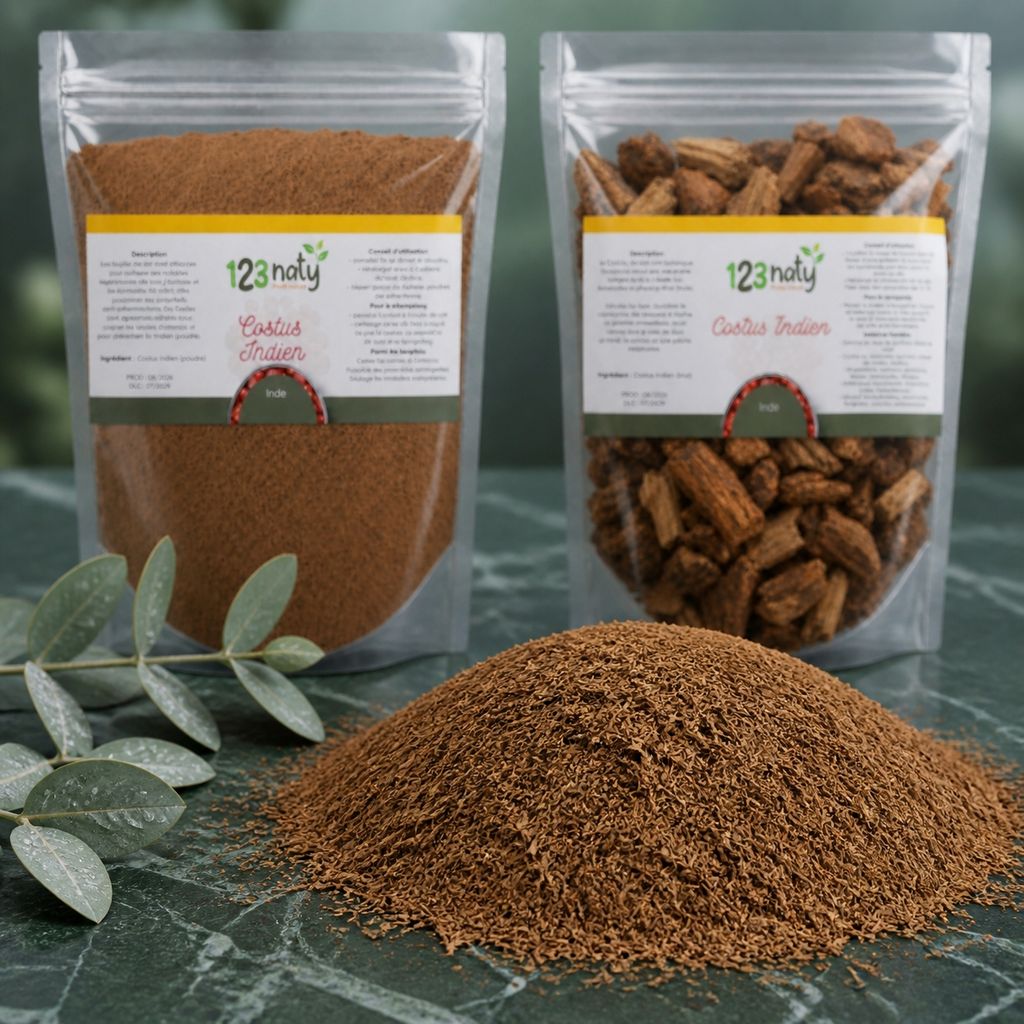 pack 100g Costus Indien en poudre & 100g Costus Indien Brut | 123NATY — Texture en gros plan