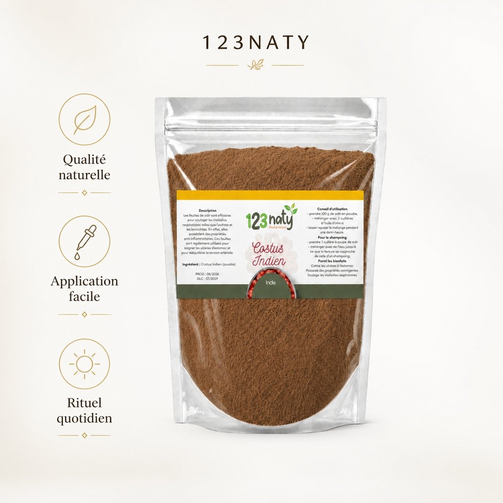 Pack 100g Costus Indien en poudre & 100g Costus Marin Brut | 123NATY — Infographie bénéfices clés