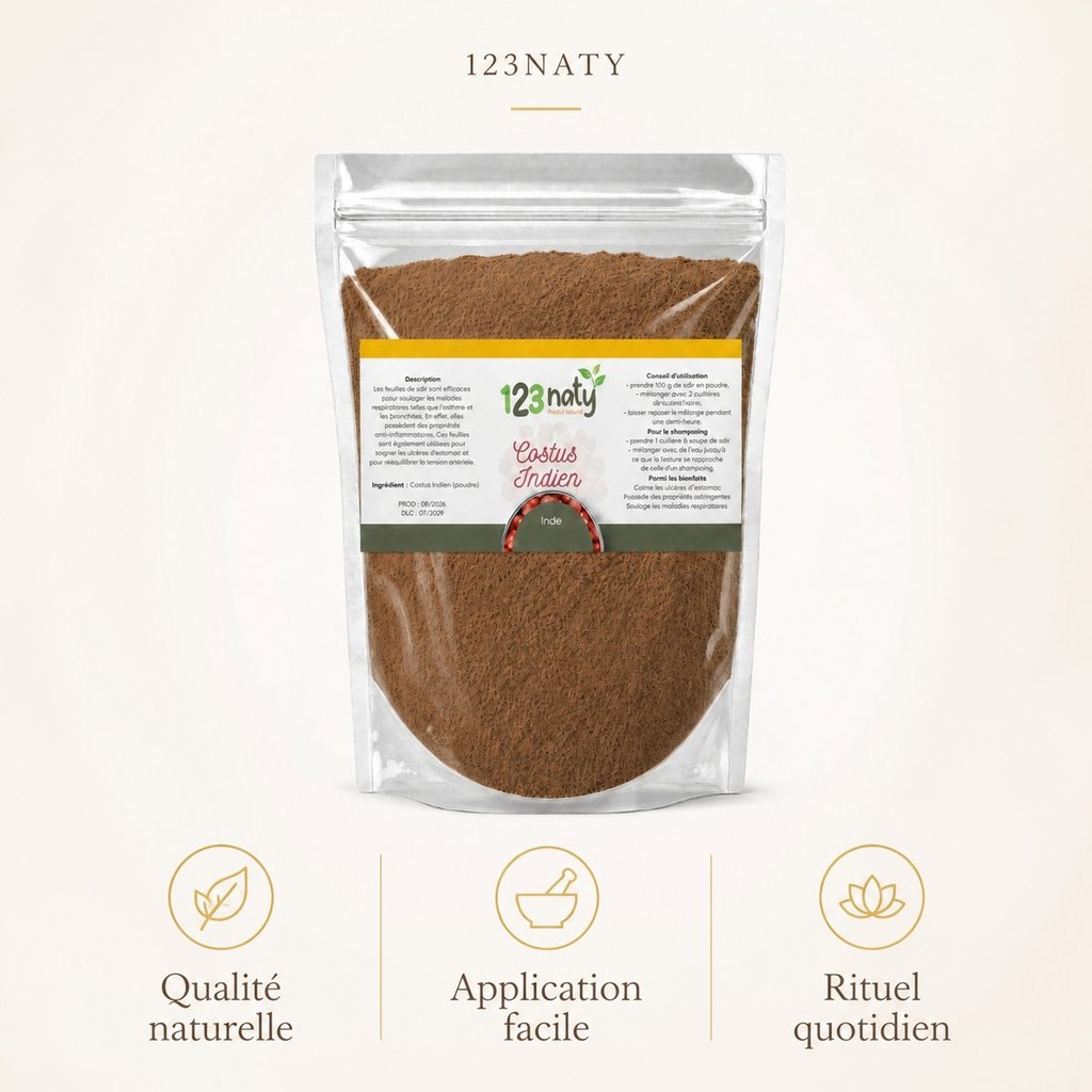 Pack 100g Costus Indien en poudre & 100g Costus Marin en Poudre | 123NATY — Infographie bénéfices clés