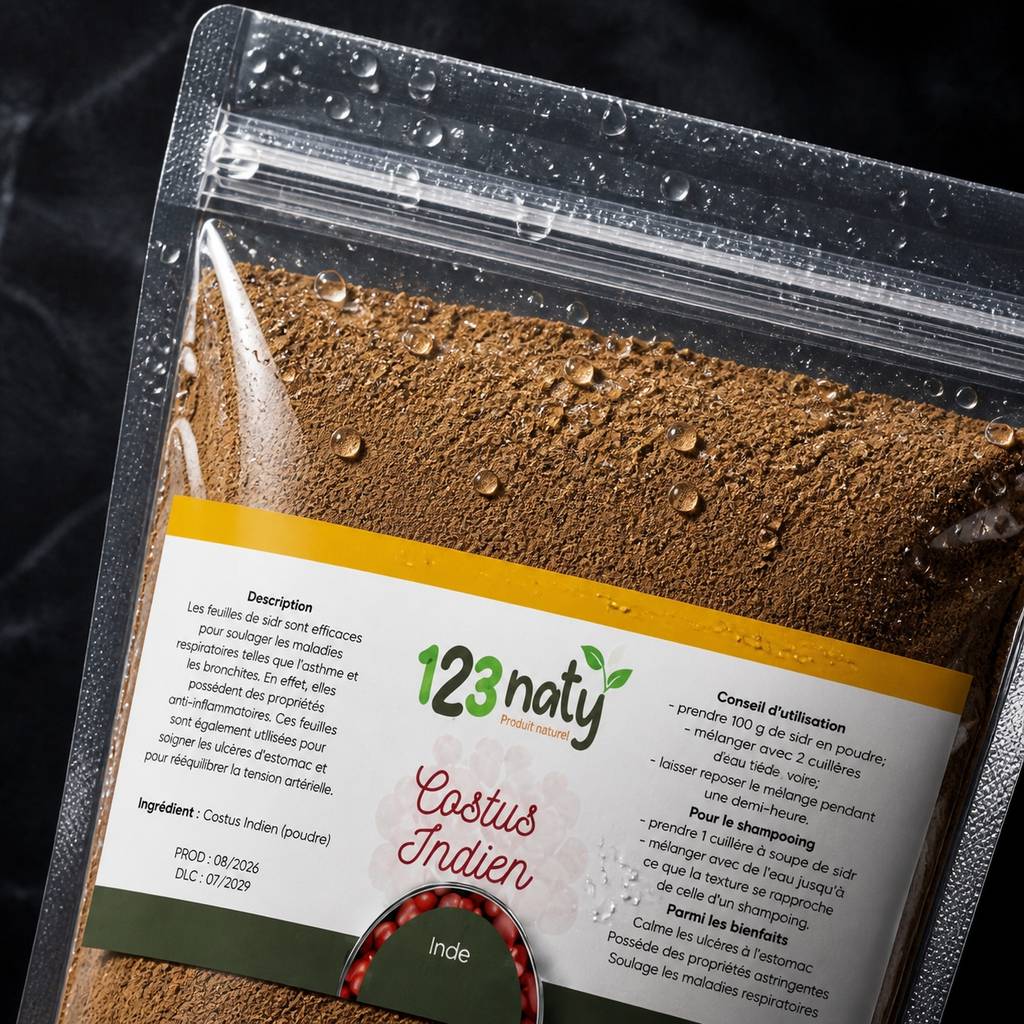 Pack 100g Costus Indien en poudre & 100g Costus Marin en Poudre | 123NATY — Détail macro du flacon