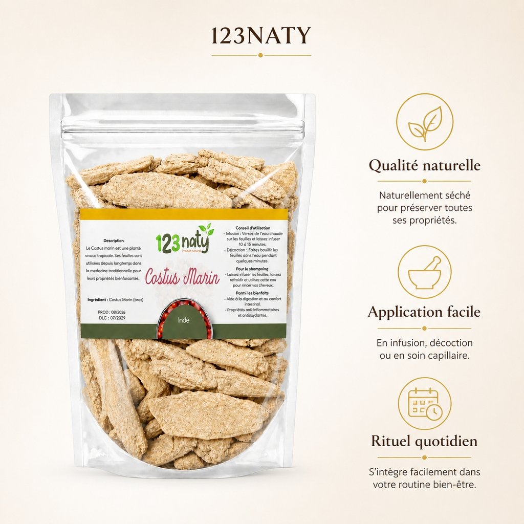 Pack 100g Costus Marin Brut & 100g Costus Marin en Poudre | 123NATY — Infographie bénéfices clés