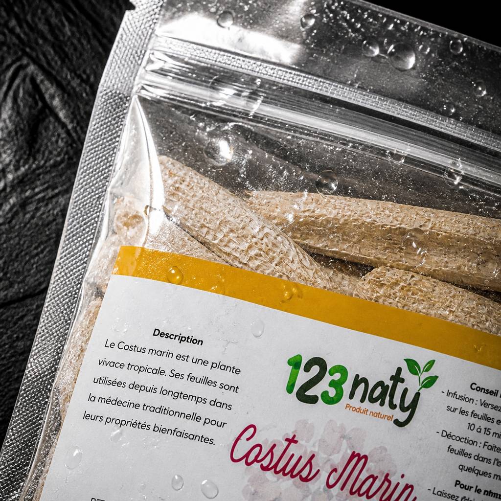 Pack 100g Costus Marin Brut & 100g Costus Marin en Poudre | 123NATY — Détail macro du flacon
