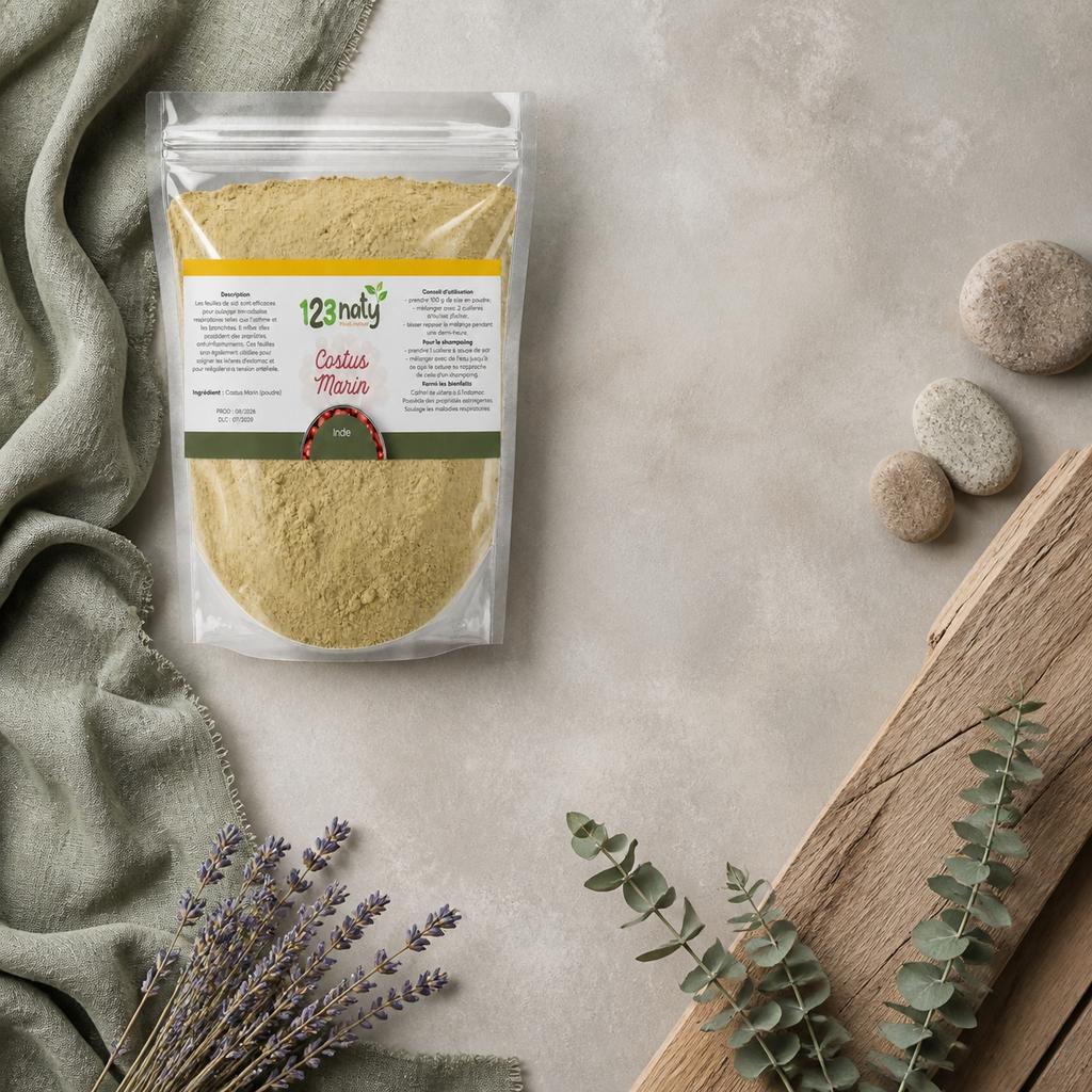 Pack 100g Costus Marin en Poudre & 100g Costus Indien Brut | 123NATY — Ambiance flat lay