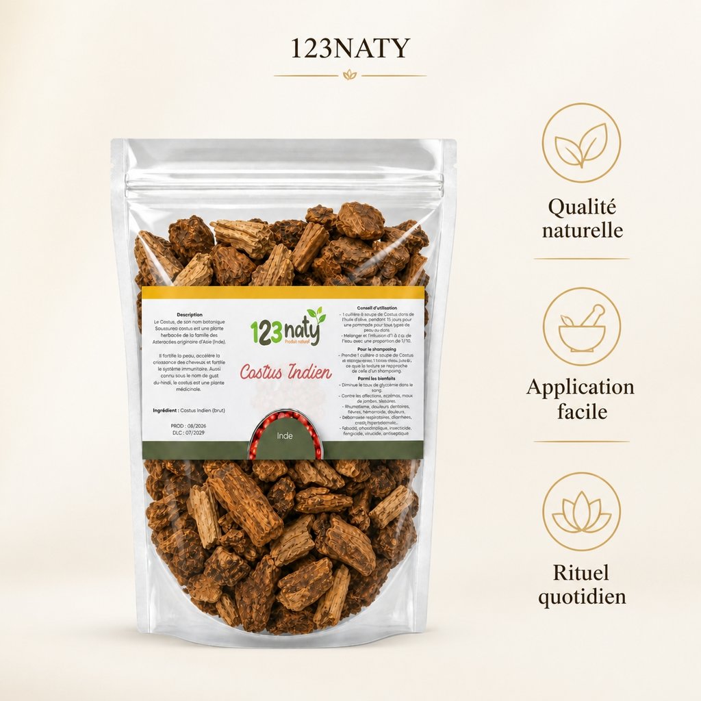 Pack 100g Costus Marin en Poudre & 100g Costus Indien Brut | 123NATY — Infographie bénéfices clés