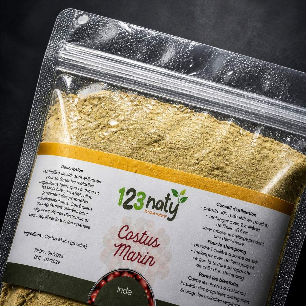 Pack 100g Costus Marin en Poudre & 100g Costus Indien Brut | 123NATY — Détail macro du flacon