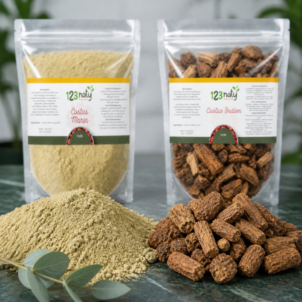 Pack 100g Costus Marin en Poudre & 100g Costus Indien Brut | 123NATY — Texture en gros plan