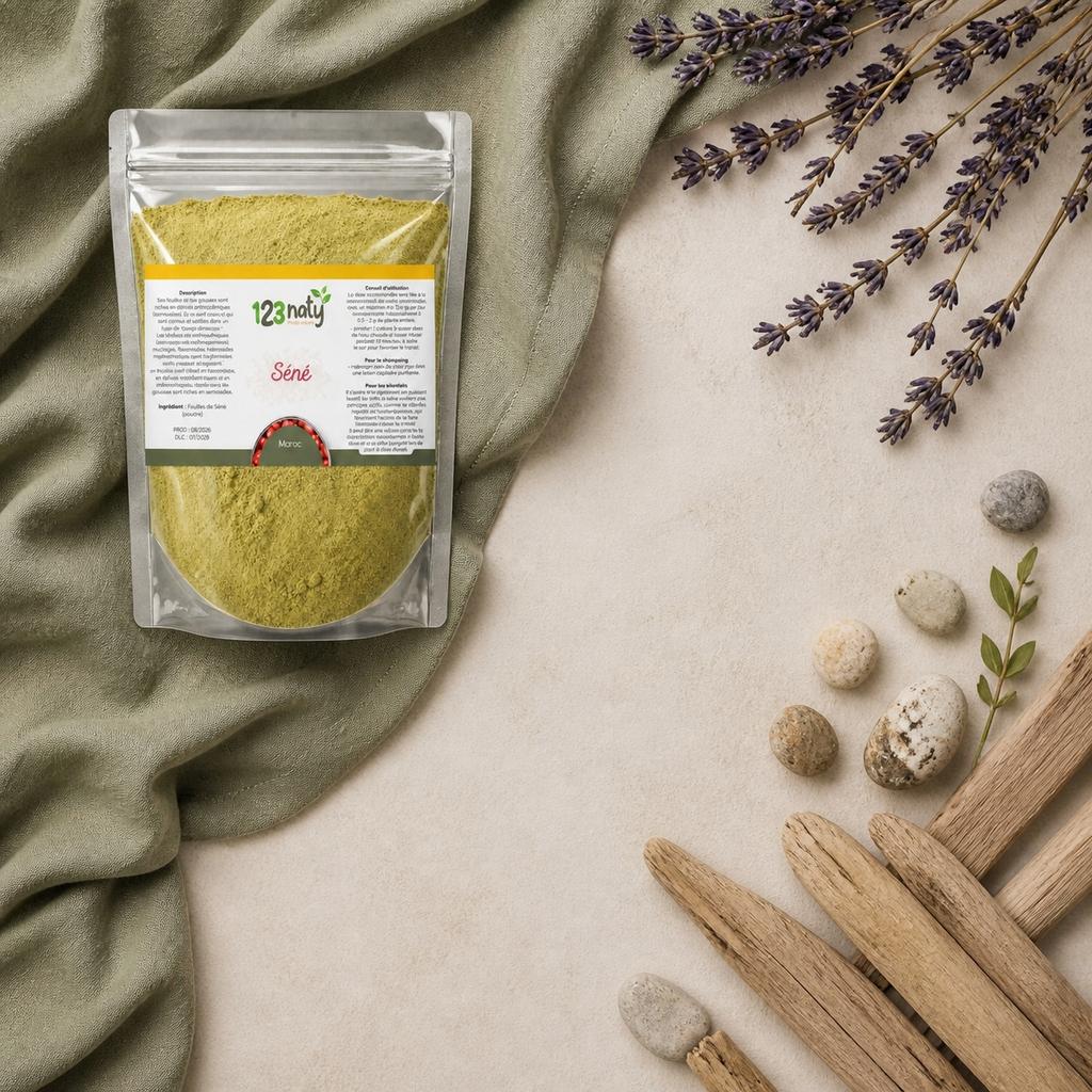 Pack 100g Feuille de Séné & 100g Feuille de Séné en Poudre | 123NATY — Ambiance flat lay