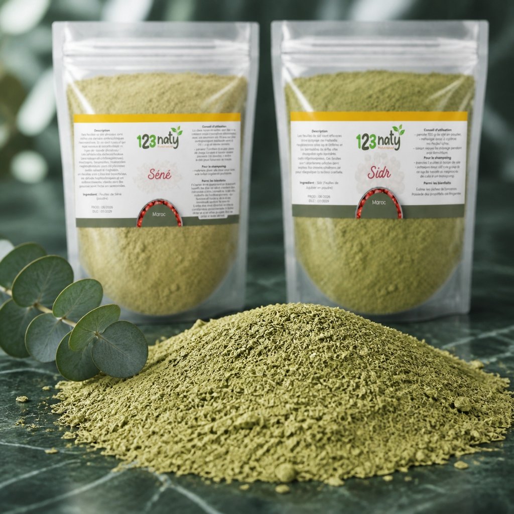 Pack 100g Feuille de Séné en Poudre & 100g Feuille de Jujubier (Sidr) en Poudre — Texture en gros plan