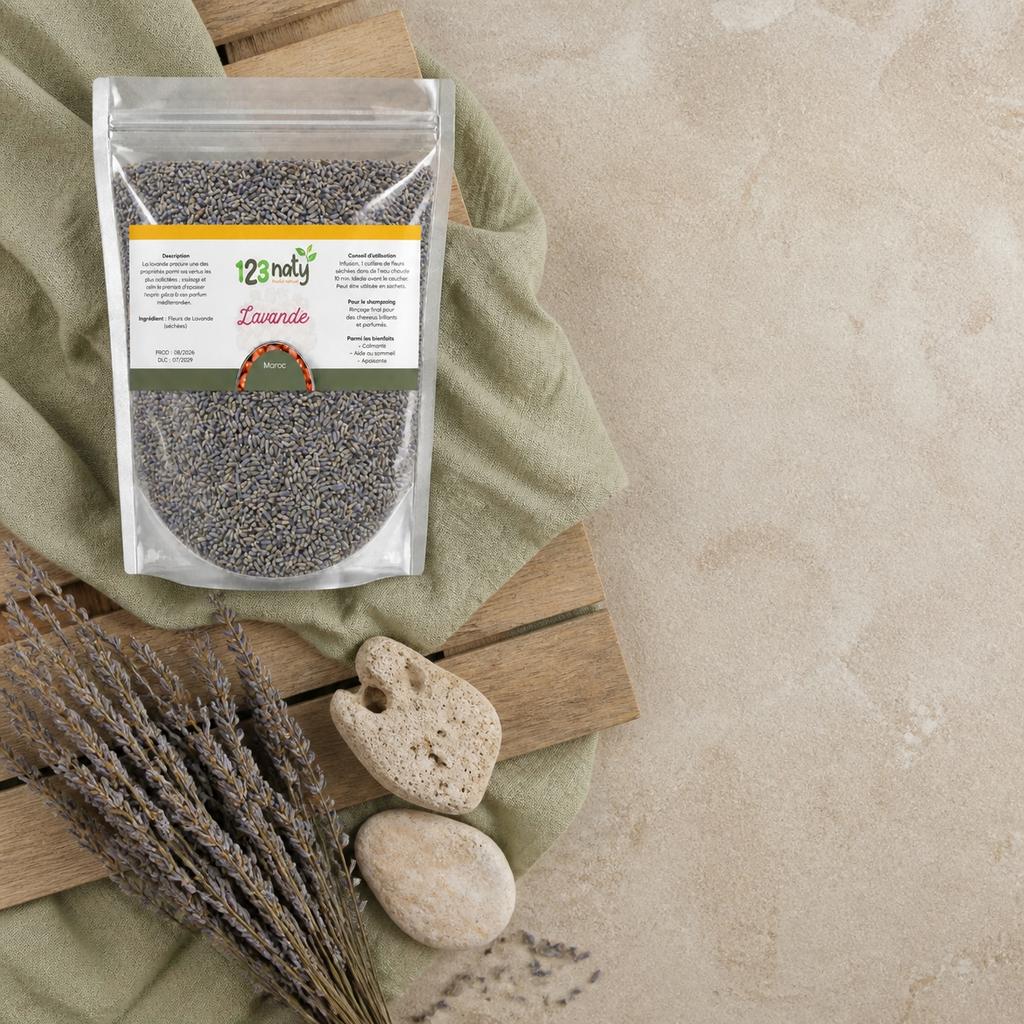 Pack 100g Fleur de Lavande séché & 100g Lavande en Poudre | 123NATY — Ambiance flat lay