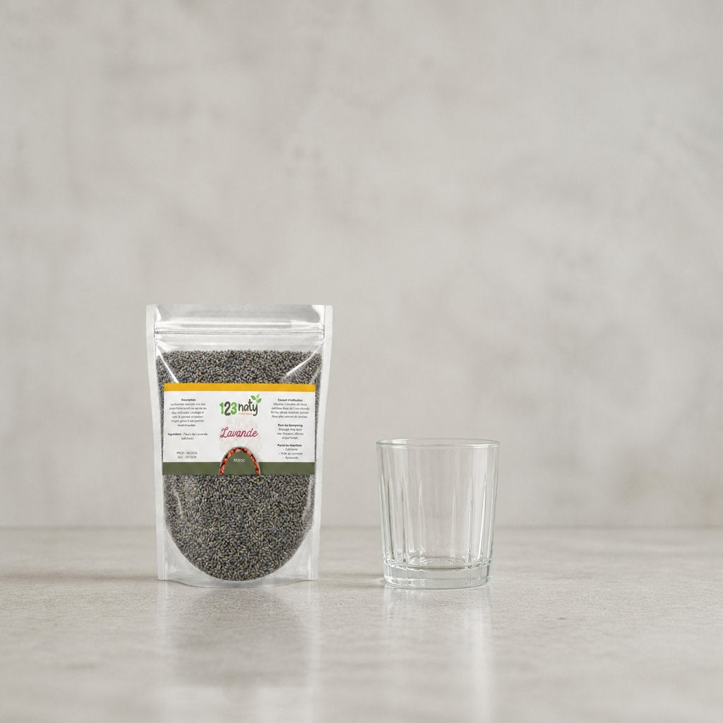 Pack 100g Fleur de Lavande séché & 100g Lavande en Poudre | 123NATY — Taille réelle du produit