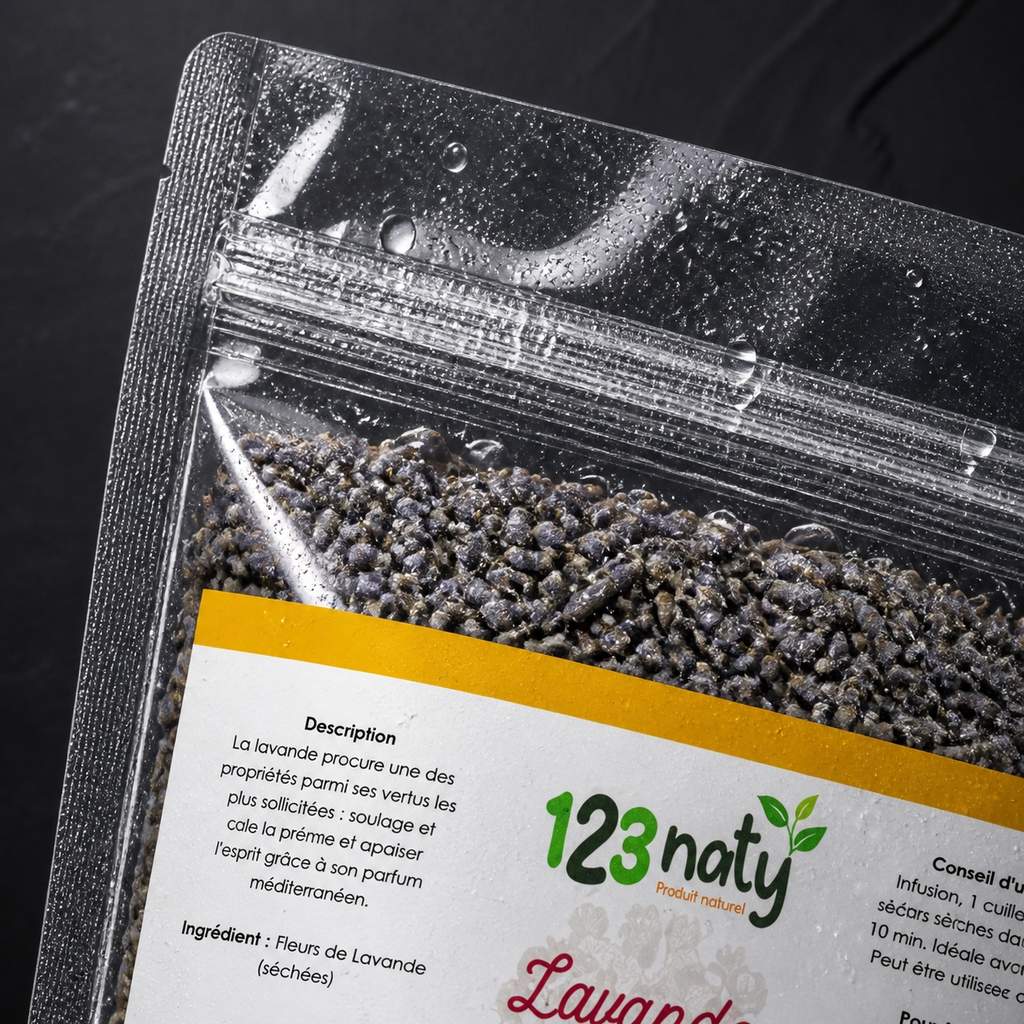 Pack 100g Fleur de Lavande séché & 100g Lavande en Poudre | 123NATY — Détail macro du flacon