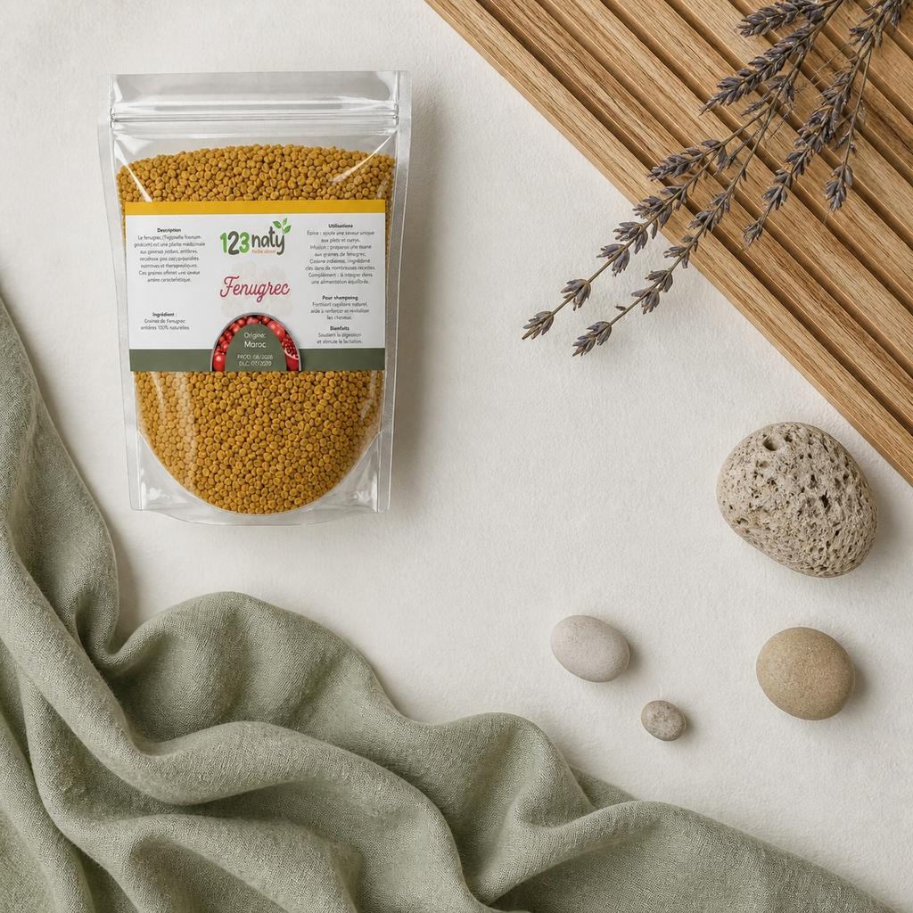 Pack 100g Graine de Fenugrec & 100g Graine de Fenugrec en Poudre | 123NATY — Ambiance flat lay