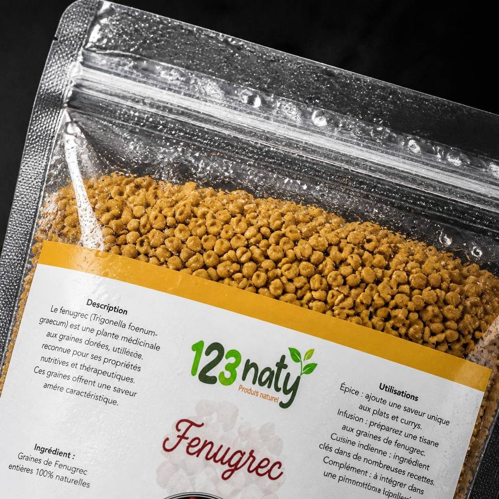 Pack 100g Graine de Fenugrec & 100g Graine de Fenugrec en Poudre | 123NATY — Détail macro du flacon