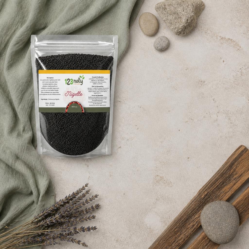 Pack 100g Graine de Nigelle & 100g Graine de Nigelle en Poudre | 123NATY — Ambiance flat lay