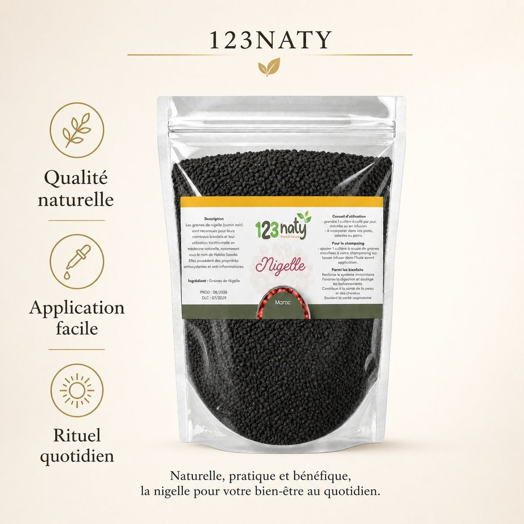 Pack 100g Graine de Nigelle & 100g Graine de Nigelle en Poudre | 123NATY — Infographie bénéfices clés