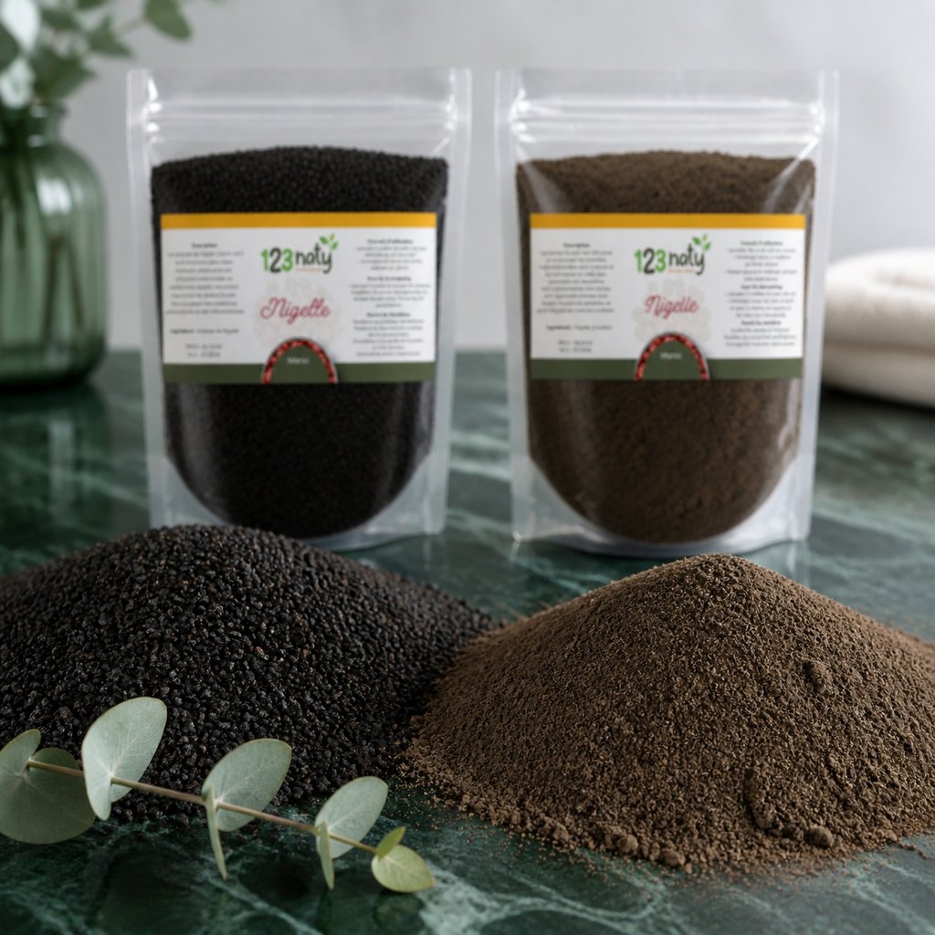 Pack 100g Graine de Nigelle & 100g Graine de Nigelle en Poudre | 123NATY — Texture en gros plan