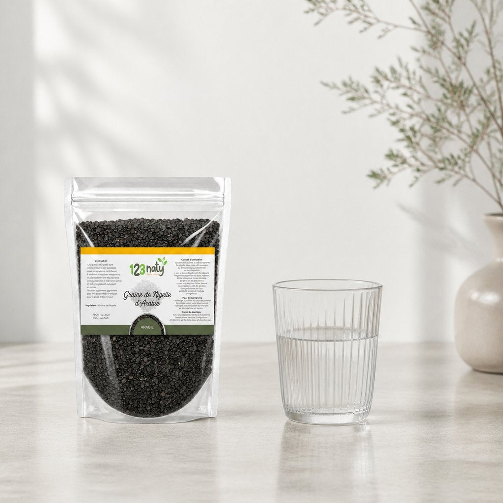 Pack  100g Graine de Nigelle d'Arabie & 100g Graine de Nigelle en Poudre | 123NATY — Taille réelle du produit