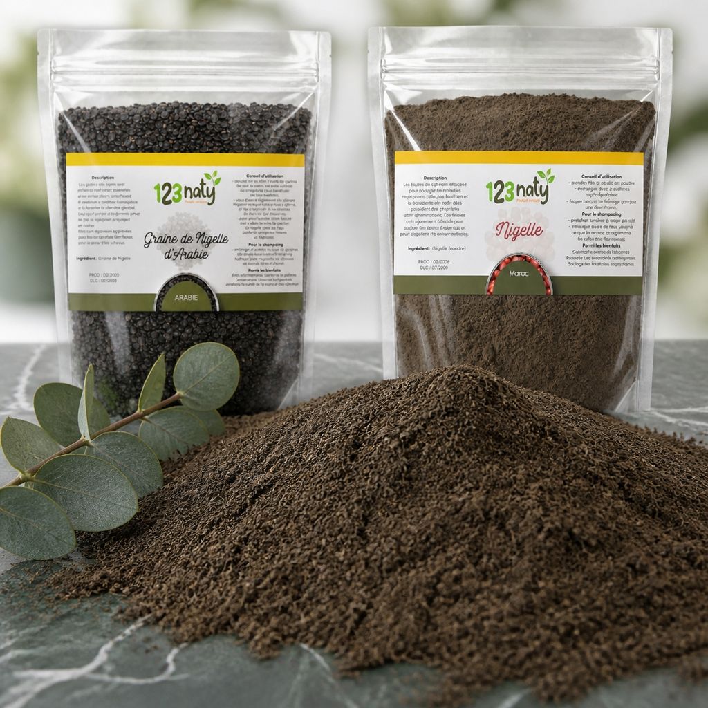 Pack  100g Graine de Nigelle d'Arabie & 100g Graine de Nigelle en Poudre | 123NATY — Texture en gros plan