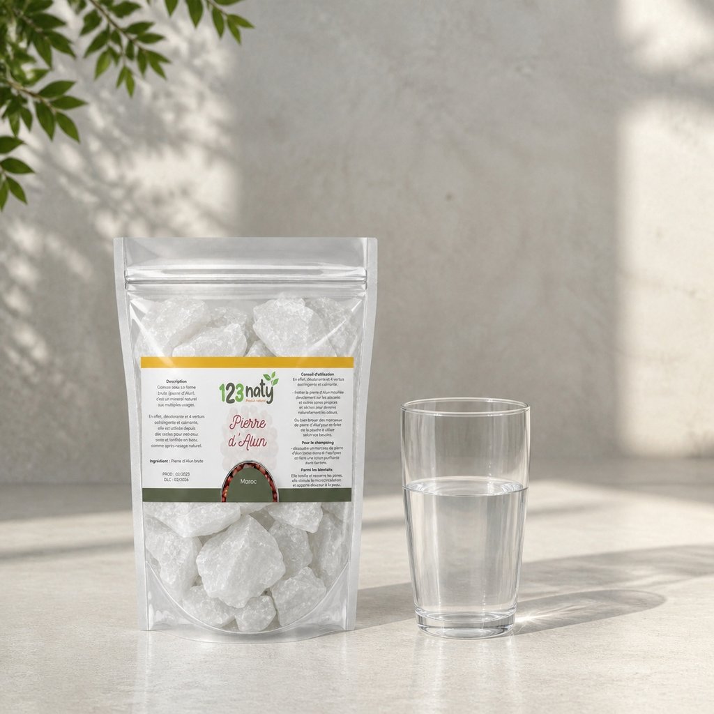 Pack 100g Pierre d'Alun brute & 100g Pierre d'Alun Poudre Cristaux | 123NATY — Taille réelle du produit