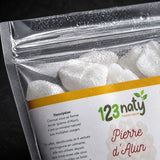 Pack 100g Pierre d'Alun brute & 100g Pierre d'Alun Poudre Surfine | 123NATY — Détail macro du flacon