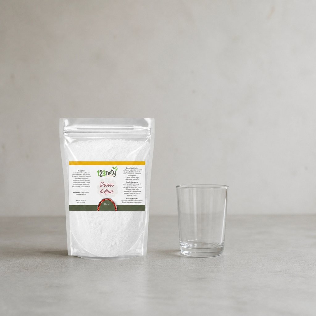 Pack 100g Pierre d'Alun Poudre Surfine & 100g Pierre d'Alun Poudre Cristaux | 123NATY — Taille réelle du produit