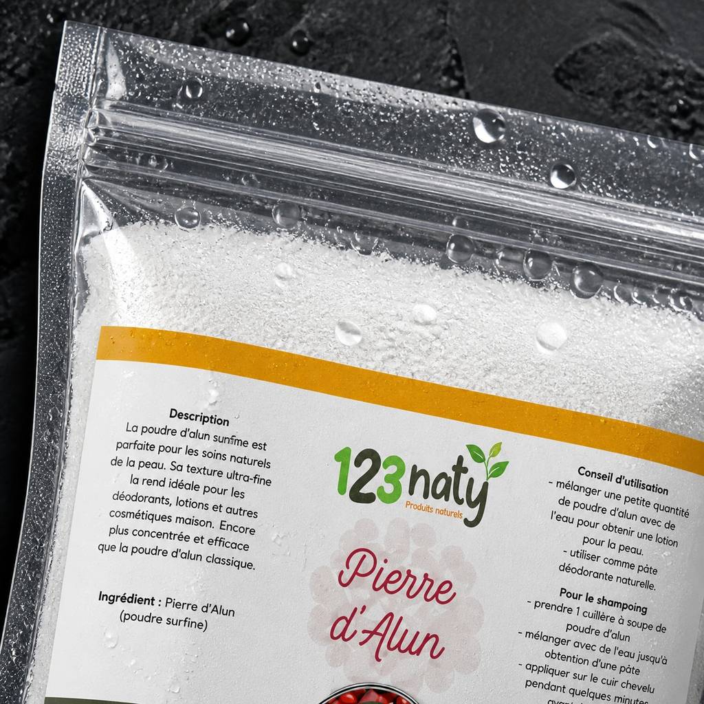Pack 100g Pierre d'Alun Poudre Surfine & 100g Pierre d'Alun Poudre Cristaux | 123NATY — Détail macro du flacon