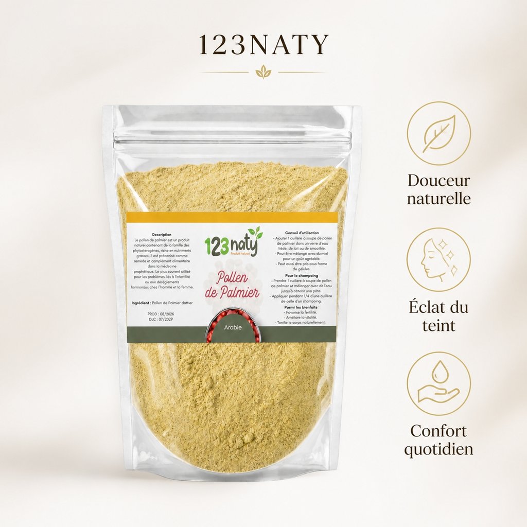 Pack 100g Pollen de Palmier & 100g Rose de Jericho - Chajarat Mariam | 123NATY — Infographie bénéfices clés