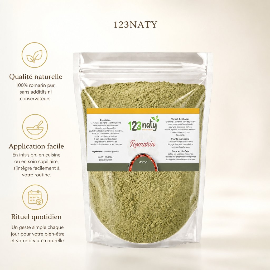 Pack 100g Romarin Poudre & 100g Romarin Séchée | 123NATY — Infographie bénéfices clés