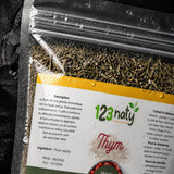 Pack 100g Thym Séchée & 100g Origan en Feuille Séché | 123NATY — Détail macro du flacon