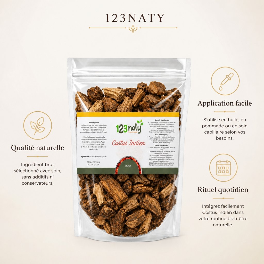 Pack 1kg Costus Indien en poudre & 1kg Costus Indien Brut | 123NATY — Infographie bénéfices clés