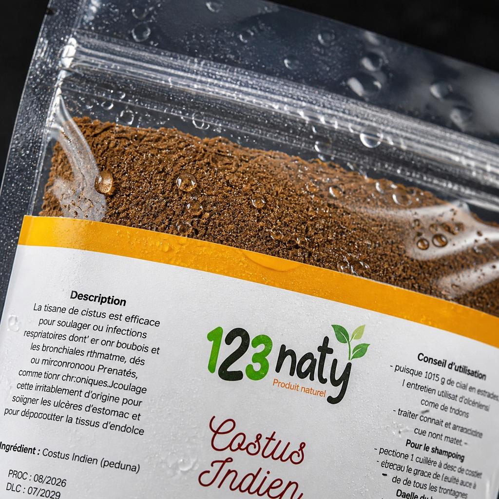 Pack 1kg Costus Indien en poudre & 1kg Costus Indien Brut | 123NATY — Détail macro du flacon