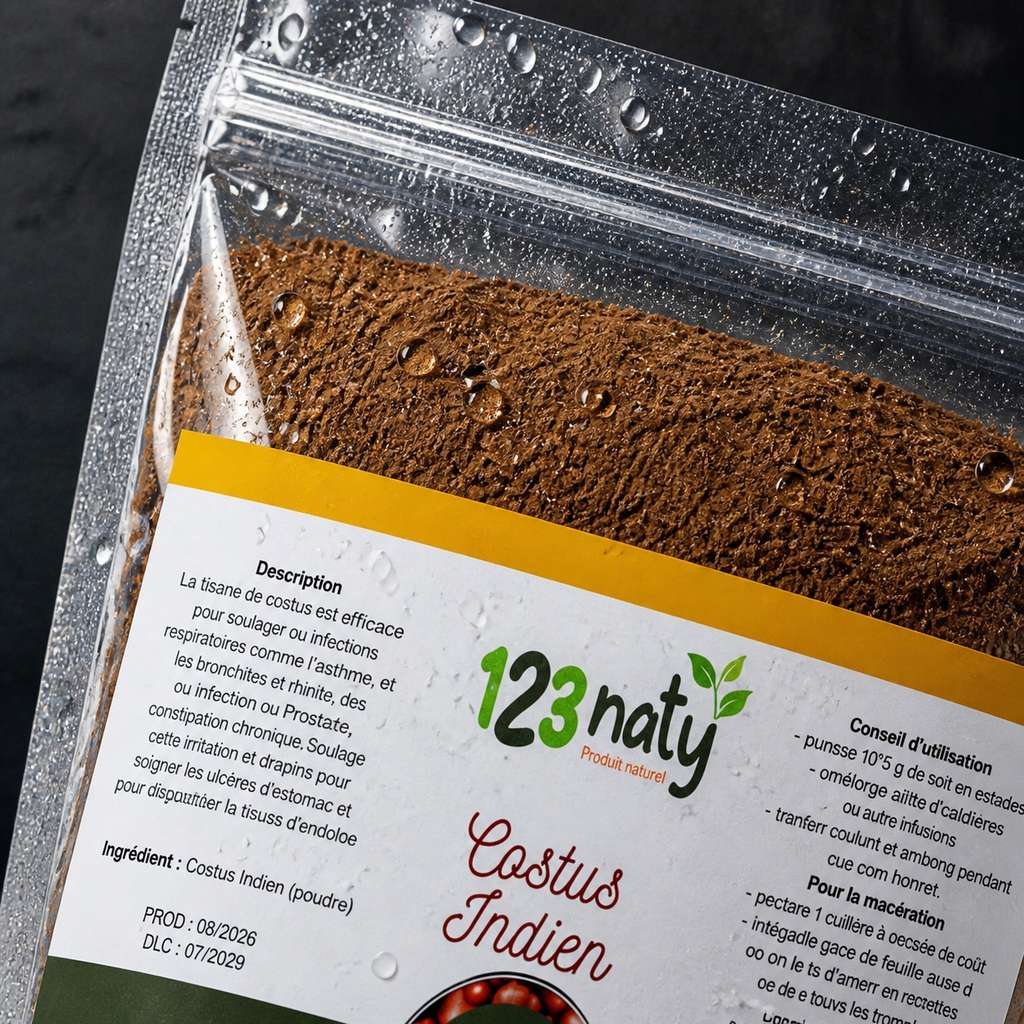 Pack 1kg Costus Indien en poudre & 1kg Costus Marin Brut | 123NATY — Détail macro du flacon