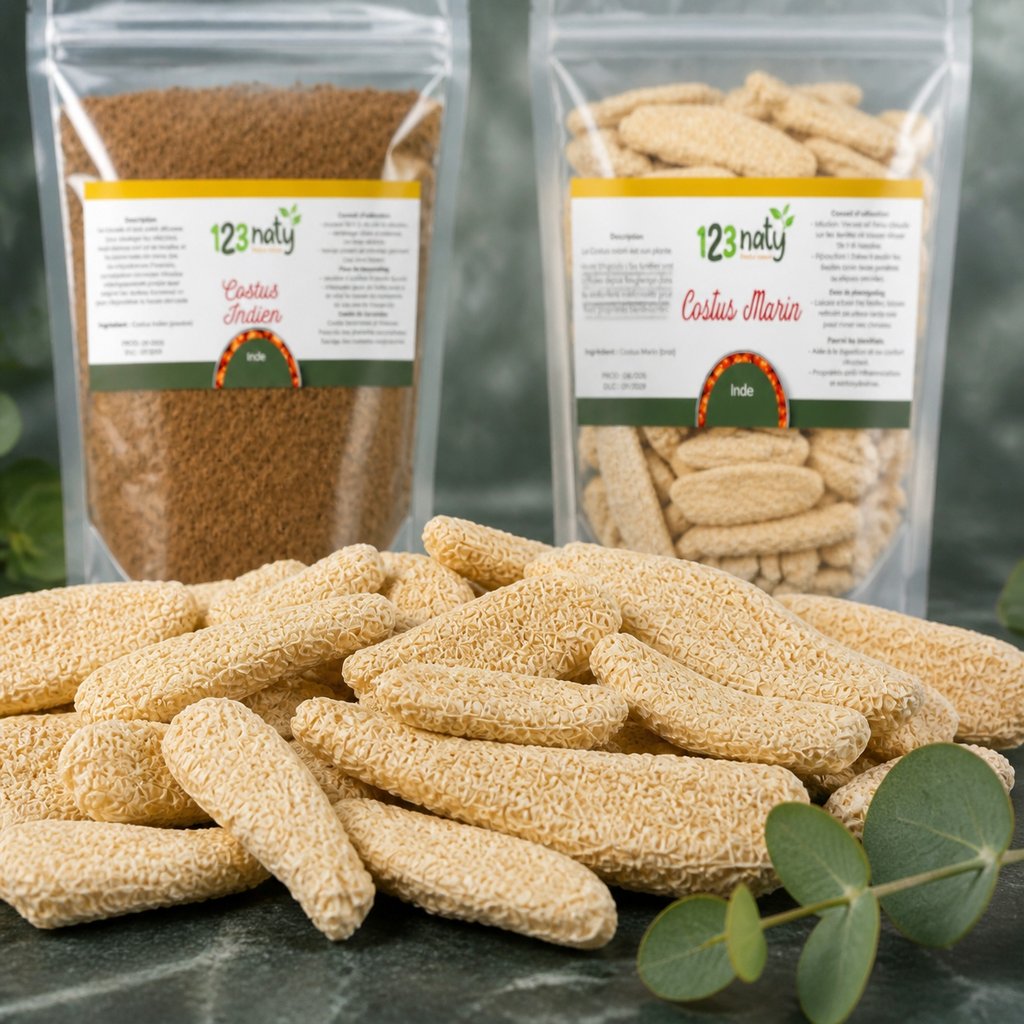 Pack 1kg Costus Indien en poudre & 1kg Costus Marin Brut | 123NATY — Texture en gros plan