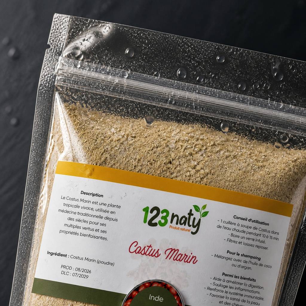 Pack 1kg Costus Marin en Poudre & 1kg Costus Indien Brut | 123NATY — Détail macro du flacon