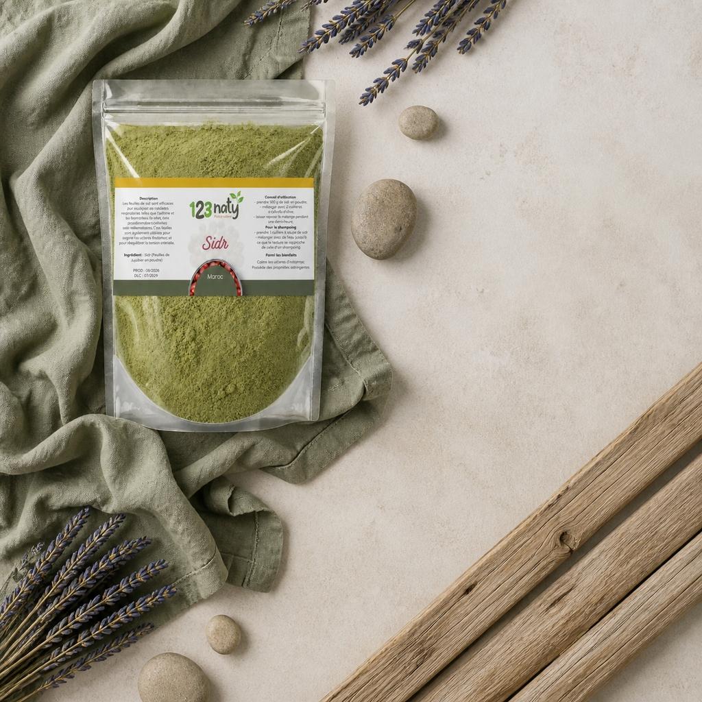 Pack 1kg Feuille de Jujubier (Sidr) en Poudre & 1kg Feuille de Jujubier (Sidr) — Ambiance flat lay