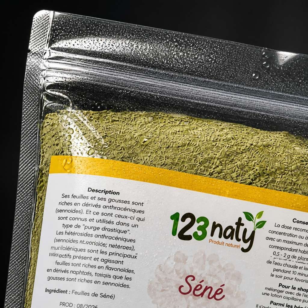 Pack 1kg Feuille de Séné en Poudre & 1kg Feuille de Jujubier (Sidr) en Poudre | 123NATY — Détail macro du flacon