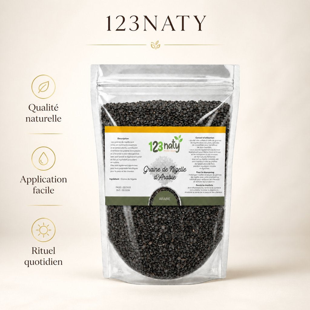 Pack 1Kg Graine de Nigelle d'Arabie & 1kg Graine de Nigelle | 123NATY — Infographie bénéfices clés