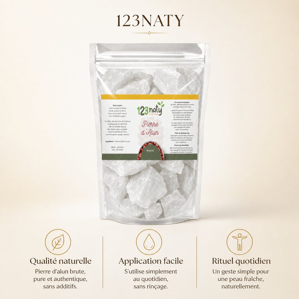 Pack 1kg Pierre d'Alun brute & 1kg Pierre d'Alun Poudre Surfine | 123NATY — Infographie bénéfices clés