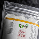 Pack 1kg Pierre d'Alun brute & 1kg Pierre d'Alun Poudre Surfine | 123NATY — Détail macro du flacon
