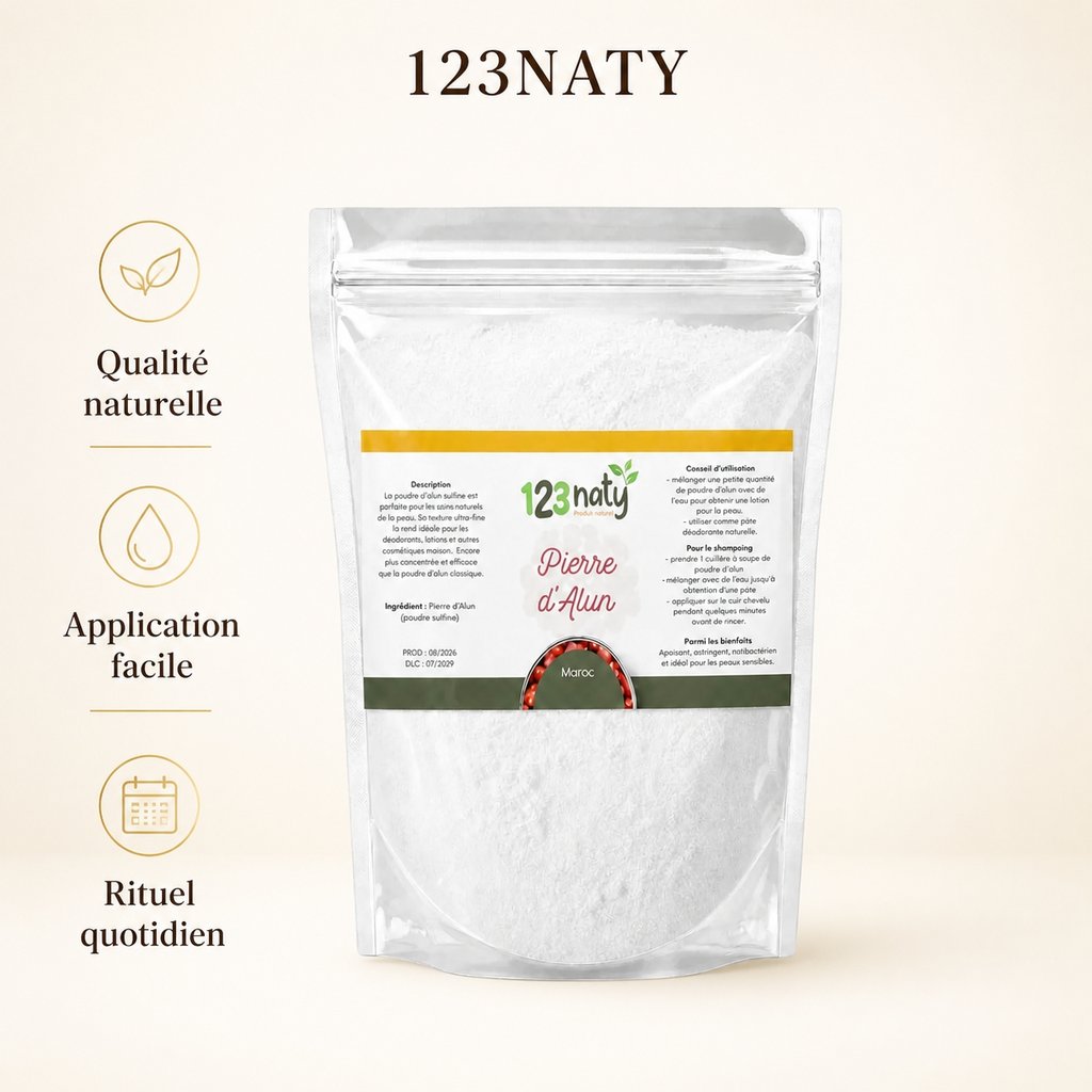 Pack 1kg Pierre d'Alun Poudre Surfine & 1kg Pierre d'Alun Poudre Cristaux | 123NATY — Infographie bénéfices clés