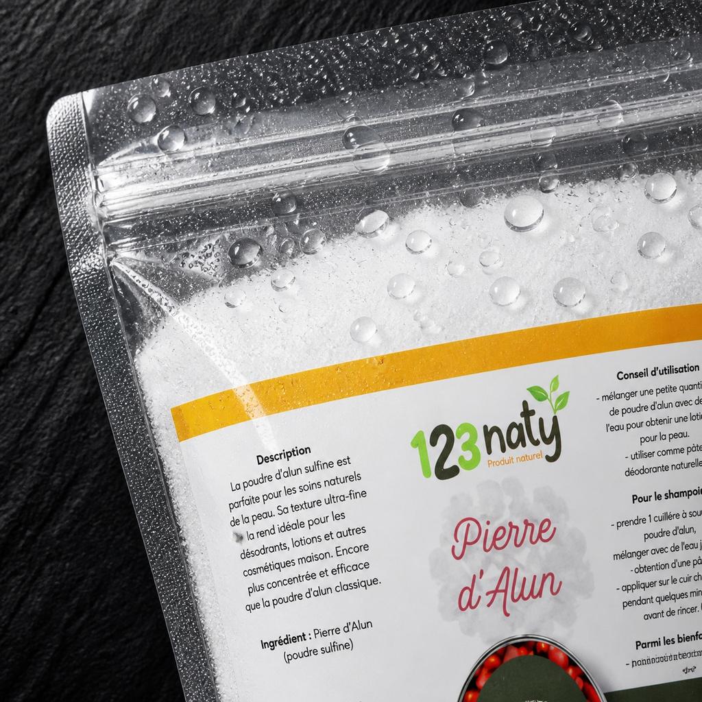 Pack 1kg Pierre d'Alun Poudre Surfine & 1kg Pierre d'Alun Poudre Cristaux | 123NATY — Détail macro du flacon