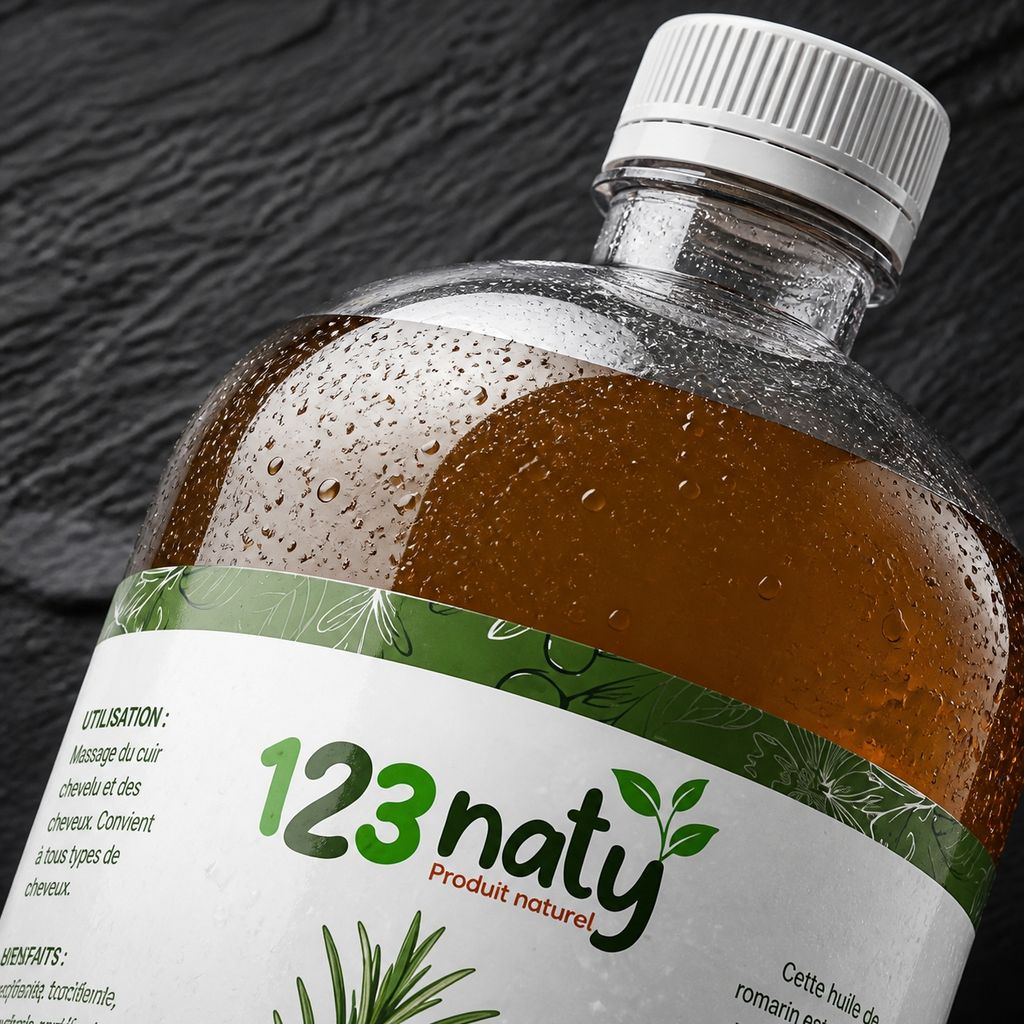 Pack 1kg Romarin Séchée & 1L Huile de Romarin | 123NATY — Détail macro du flacon