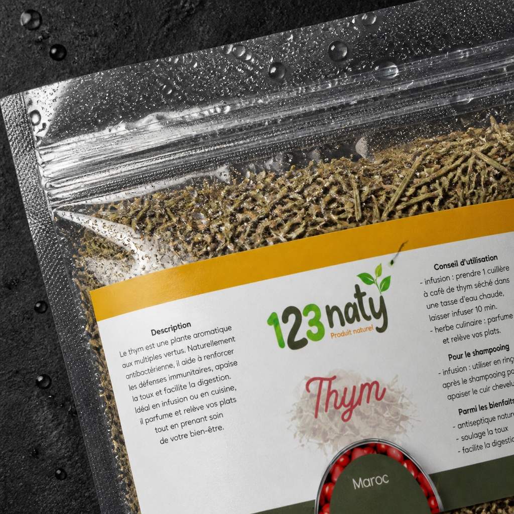 Pack 1kg Thym Séchée & 1kg Origan en Feuille Séché | 123NATY — Détail macro du flacon