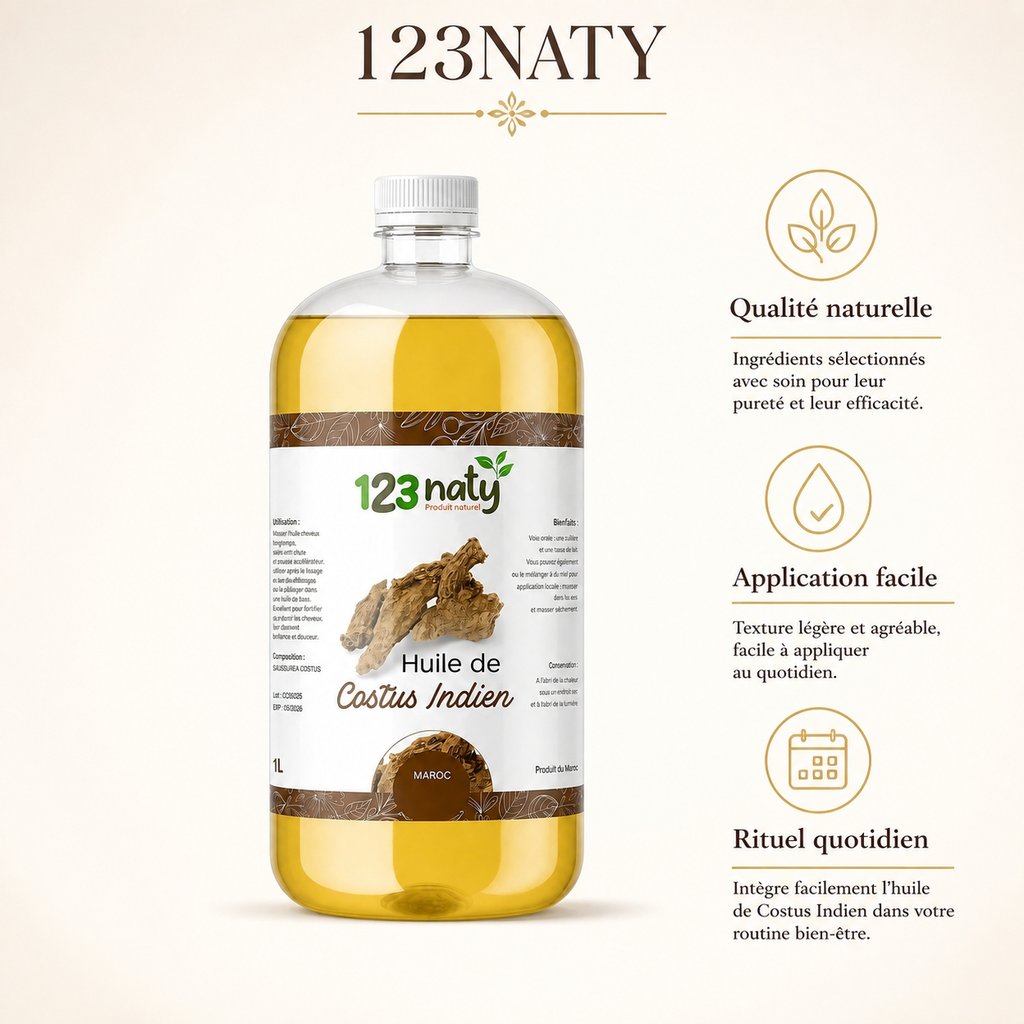 Pack 1L Huile de Costus Indien & 1kg Costus Indien en poudre | 123NATY — Infographie bénéfices clés
