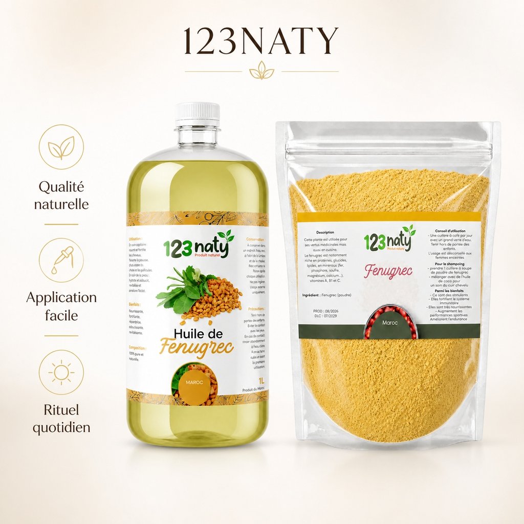 Pack 1L Huile de Fenugrec & 1kg Graine de Fenugrec en Poudre | 123NATY — Infographie bénéfices clés