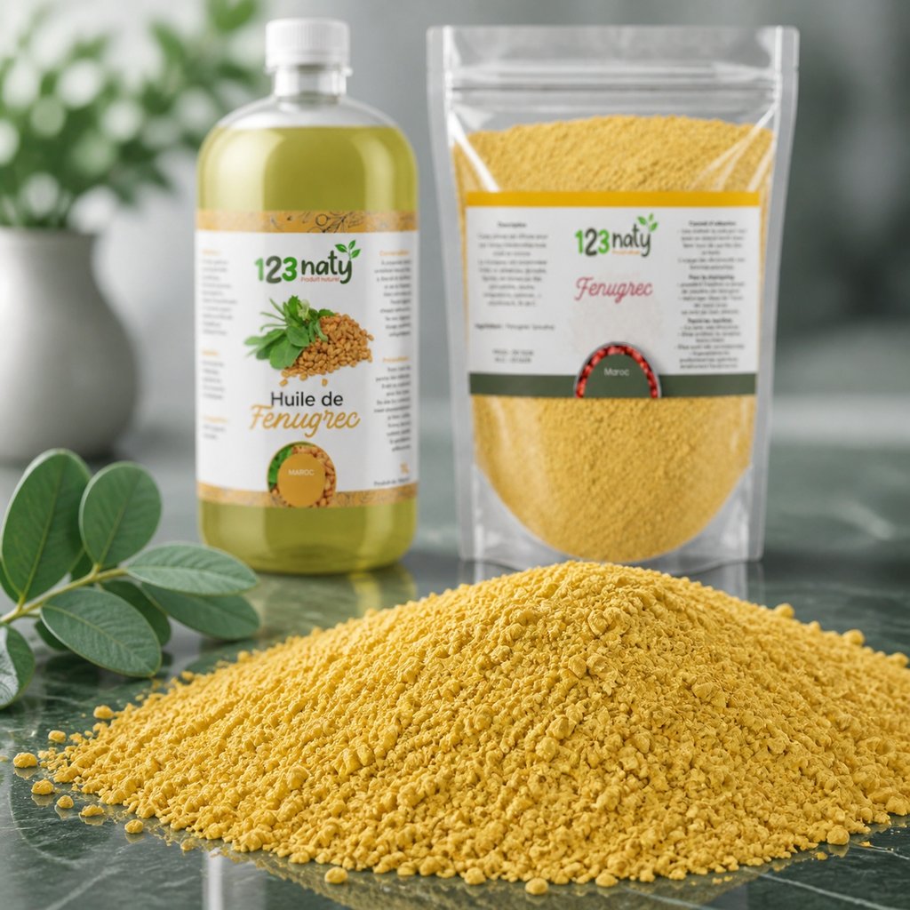 Pack 1L Huile de Fenugrec & 1kg Graine de Fenugrec en Poudre | 123NATY — Texture en gros plan