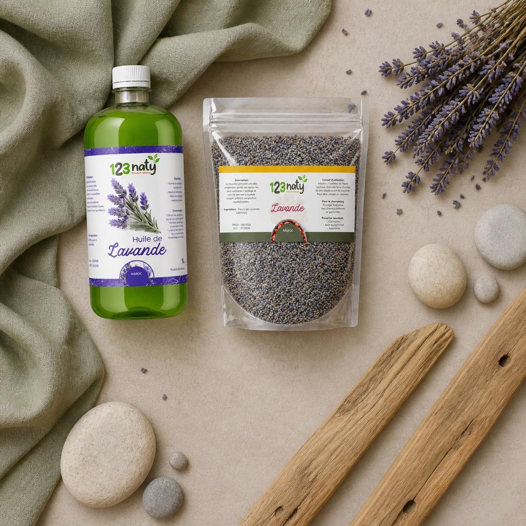 Pack 1L Huile de Lavande & 1kg Fleur de Lavande séché | 123NATY — Ambiance flat lay