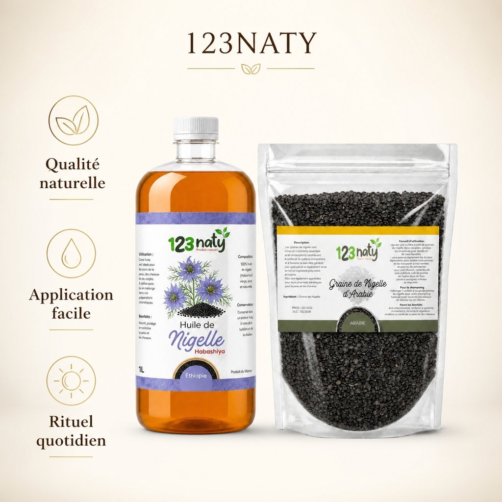 Pack 1L Huile de nigelle d'Ethiopie - Habachiya & 1kg Graine de Nigelle | 123NATY — Infographie bénéfices clés